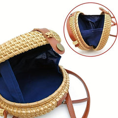 Boho Style Round Rattan Woven Bag Square Beach Straw Crossbody Purse