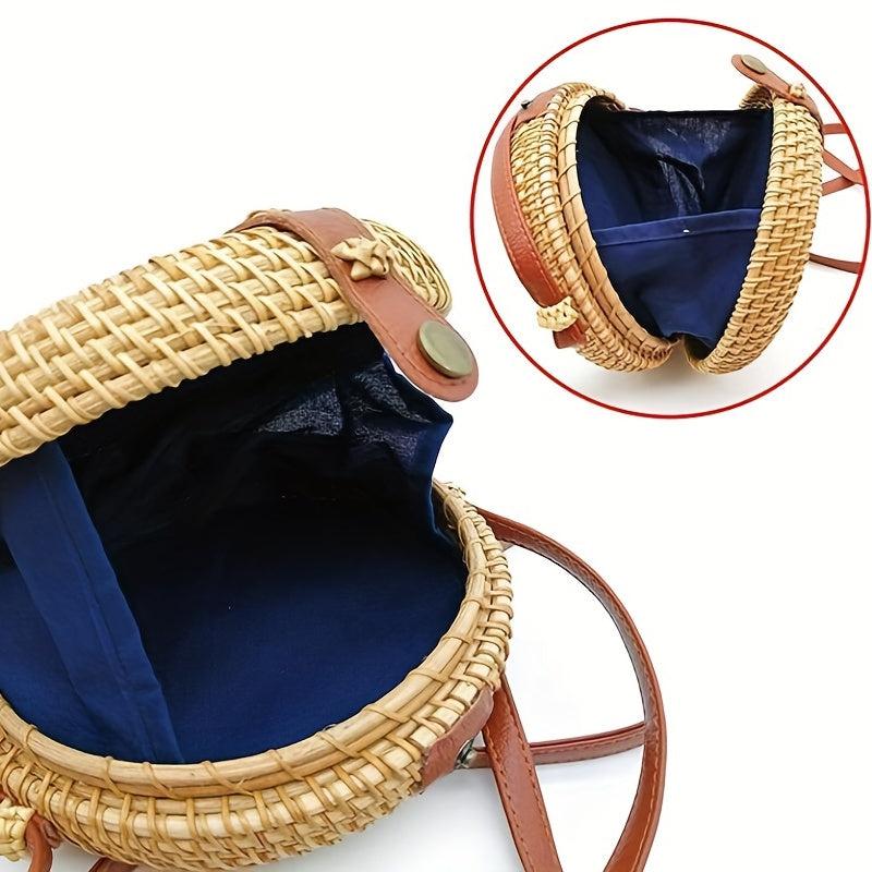 Boho Style Round Rattan Woven Bag Square Beach Straw Crossbody Purse