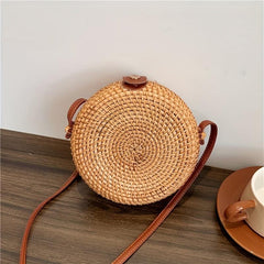 Boho Style Round Rattan Woven Bag Square Beach Straw Crossbody Purse