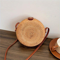 Boho Style Round Rattan Woven Bag Square Beach Straw Crossbody Purse