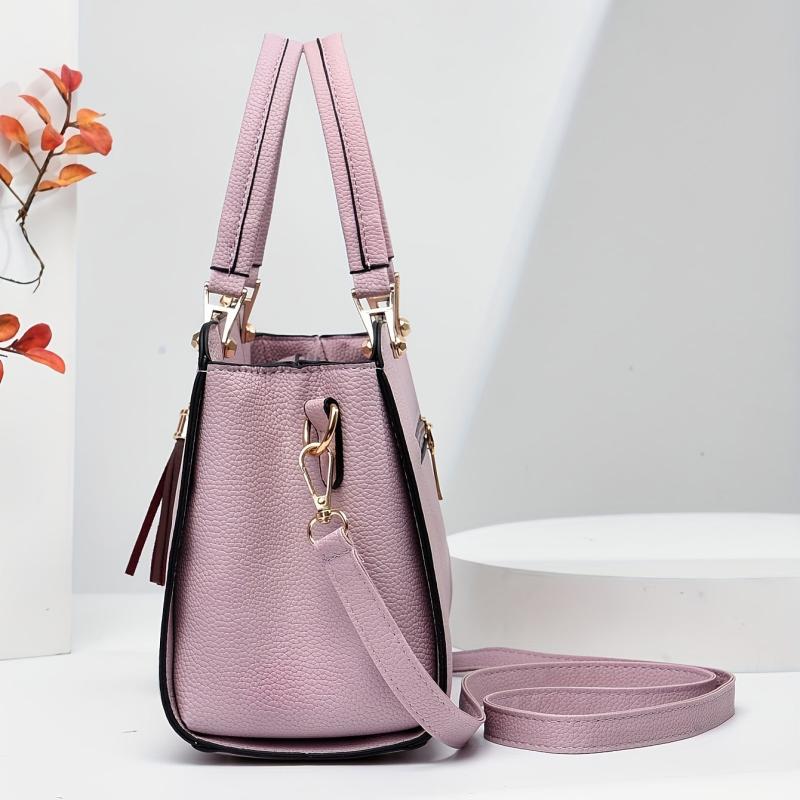 Top Handle Satchel Tote Bag PU Leather Textured Shoulder Bag