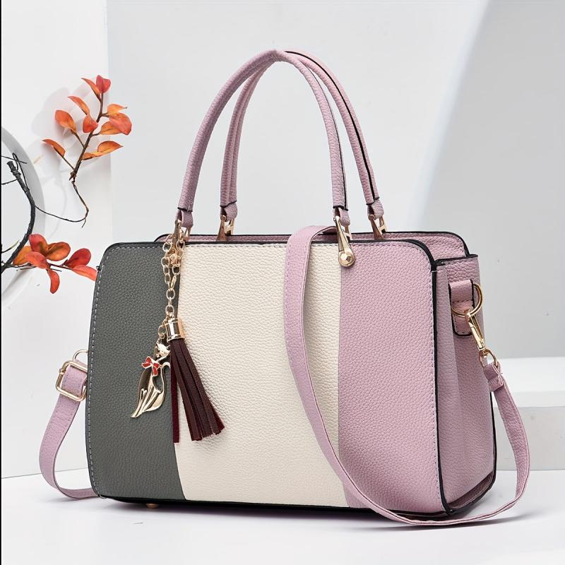 Top Handle Satchel Tote Bag PU Leather Textured Shoulder Bag