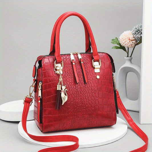 Crocodile Pattern Top Handle Crossbody Bag PU Leather Satchel Bag Purse