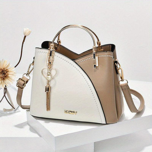 Colorblock Tote Bag Classic Shoulder Satchel With Tassel Pendant