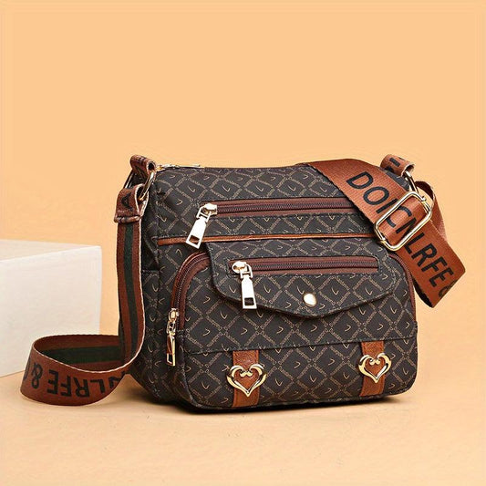 Heart Decor Crossbody Bag Vintage Pockets Faux Leather Purse