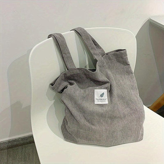 Corduroy Tote Bag Women's Shoulder Bag Letter Patch Decor Handbag