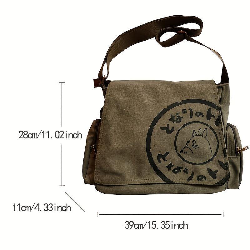 Vintage Canvas Messenger Bag Cartoon Print Crossbody Bag For School & Travel