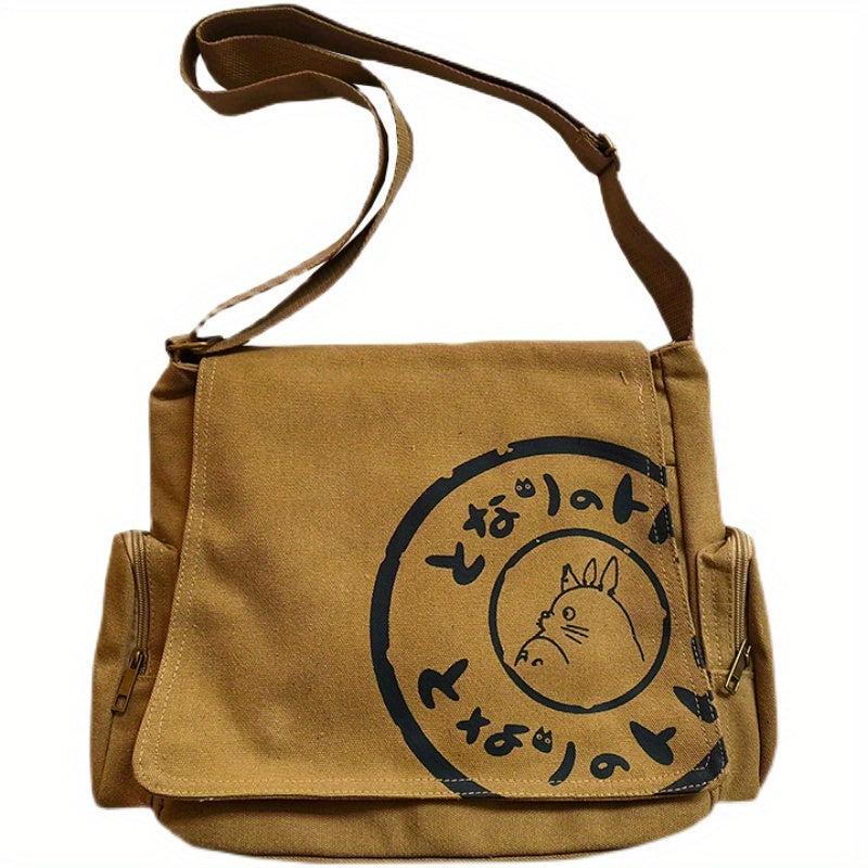 Vintage Canvas Messenger Bag Cartoon Print Crossbody Bag For School & Travel