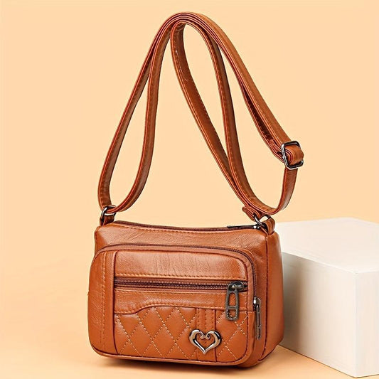 Quilted Detail Crossbody Bag Women's Heart Decor Square Purse Pocket