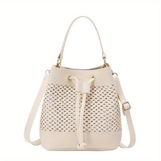Straw Stitching Bucket Bag Drawstring Satchel Bag Shoulder Bag
