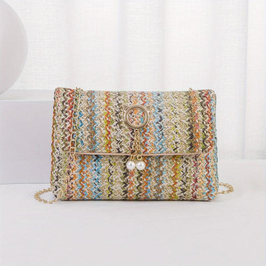 Rainbow Straw Woven Beach Bag Crossbody Purse