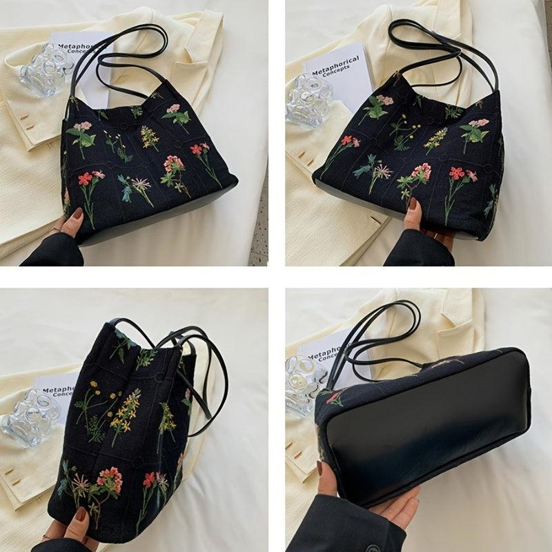 Vintage Floral Embroidery Shoulder Bag Daily Bucket Handbag for Women