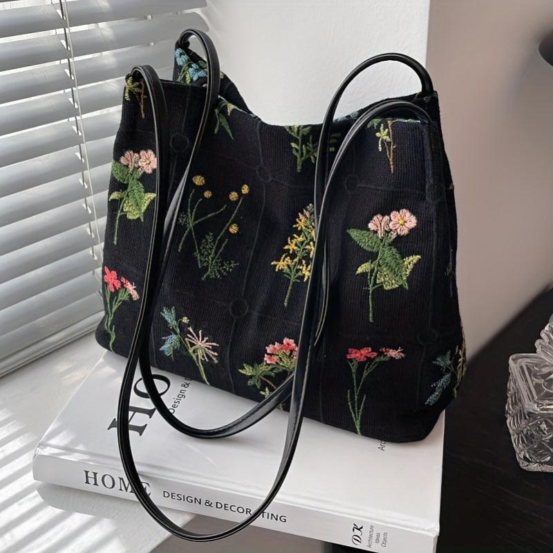Vintage Floral Embroidery Shoulder Bag Daily Bucket Handbag for Women