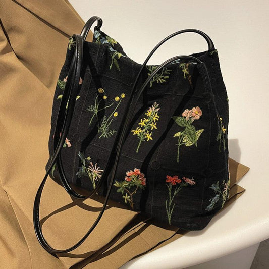 Vintage Floral Embroidery Shoulder Bag Daily Bucket Handbag for Women