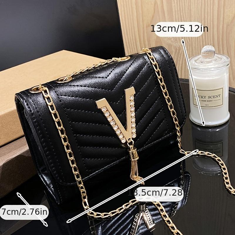 Quilted Square Shoulder Bag Tassel Decor Chain Crossbody Bag