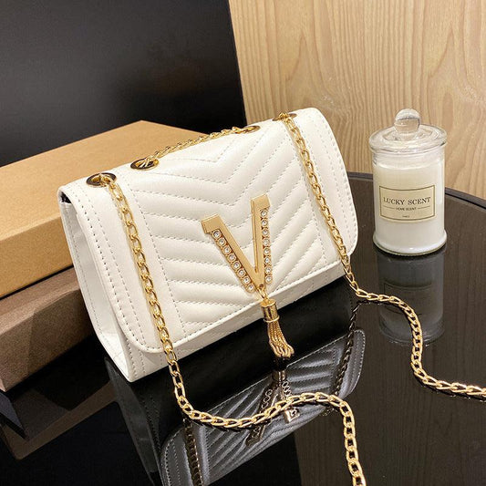 Quilted Square Shoulder Bag Tassel Decor Chain Crossbody Bag