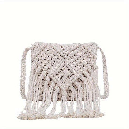 Boho Fringed Crochet Crossbody Bag for Summer Beach Travel