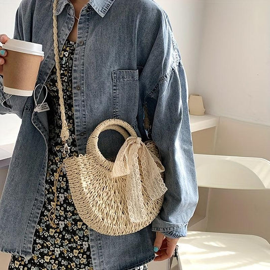 Straw Beach Bag Scarf Decor Crossbody Bag Boho Style Handbags for Travel