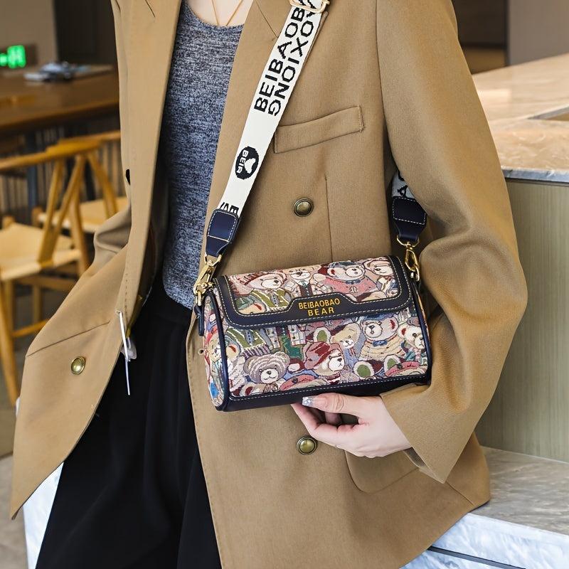 Small Bear Jacquard Shoulder Bag Cartoon Flap Cylinder Purse