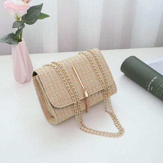 Chain Straw Shoulder Bag Women's Woven Flap Square Purse Tassel Decor