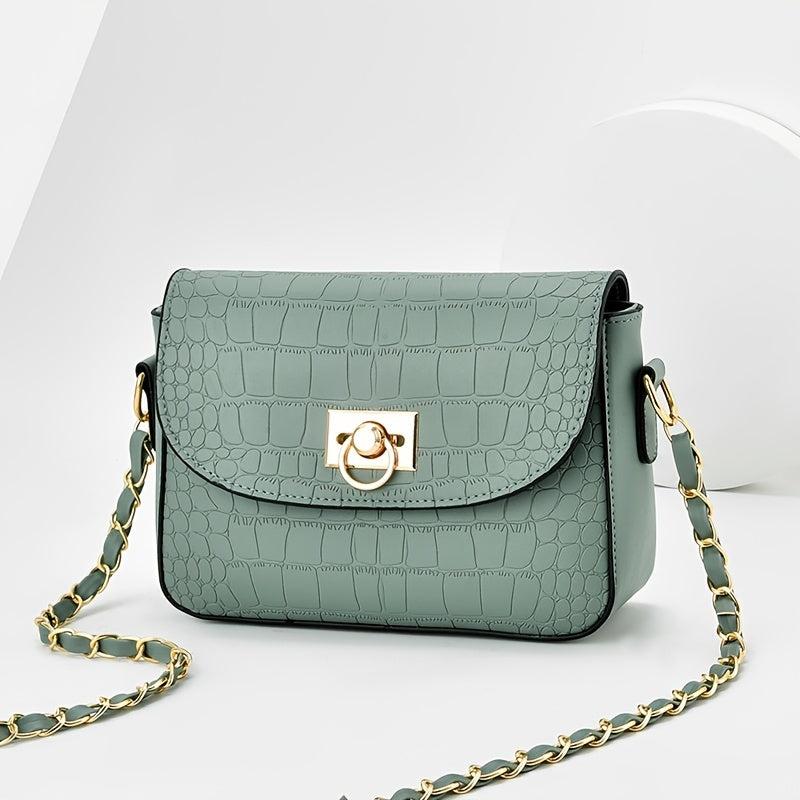 Crocodile Embossed Square Bag with Chain Strap for Work