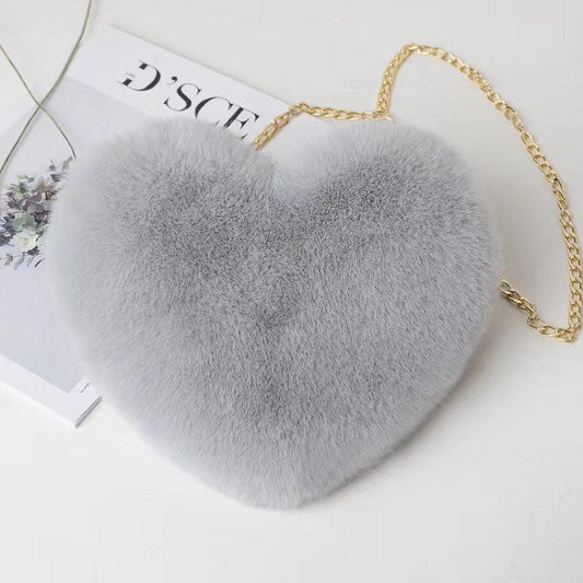Heart Shaped Fluffy Shoulder Bag Chain Crossbody Zipper Purse