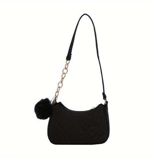 Chevron Quilted Felt Bag Chain Crossbody Bag Pompom Underarm Purse