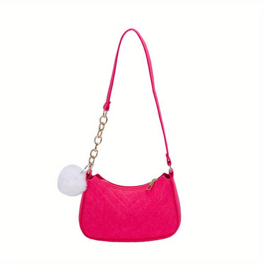 Chevron Quilted Felt Bag Chain Crossbody Bag Pompom Underarm Purse