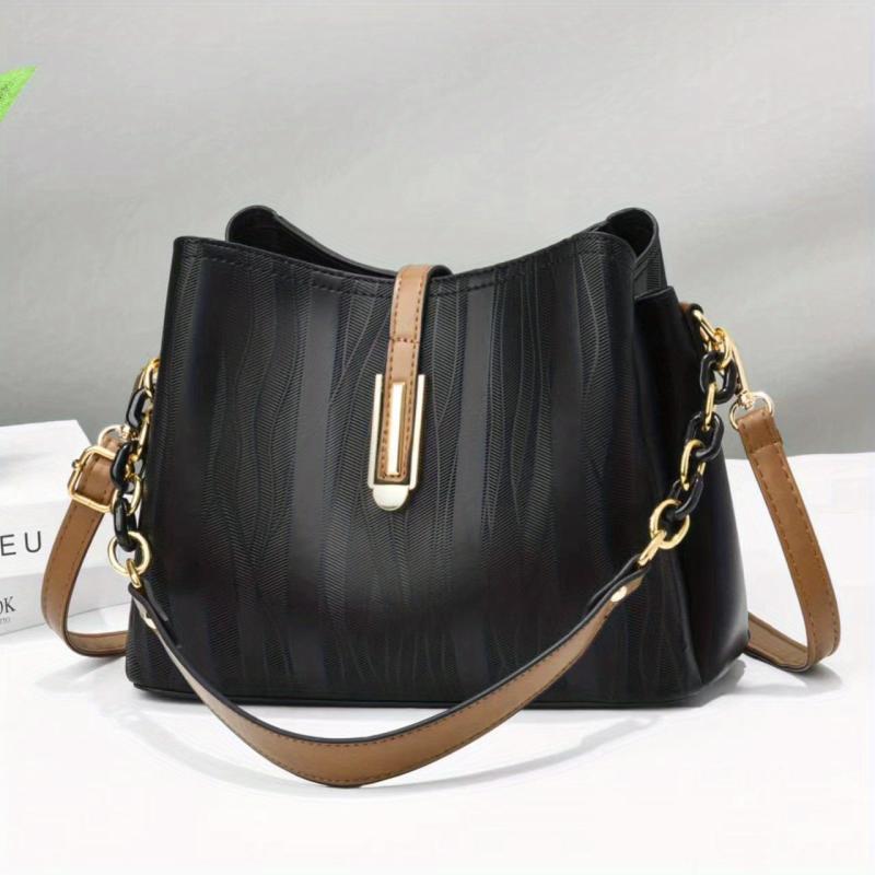 Buckle Decor Bucket Bag PU Leather Crossbody Purse