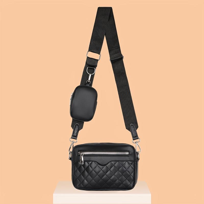 Argyle Quilted Zipper Shoulder Bag Crossbody Square Bag With Mini Coin Purses
