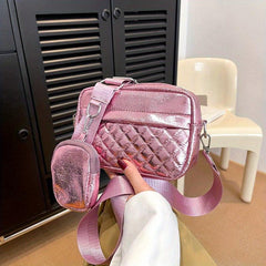 Argyle Quilted Zipper Shoulder Bag Crossbody Square Bag With Mini Coin Purses