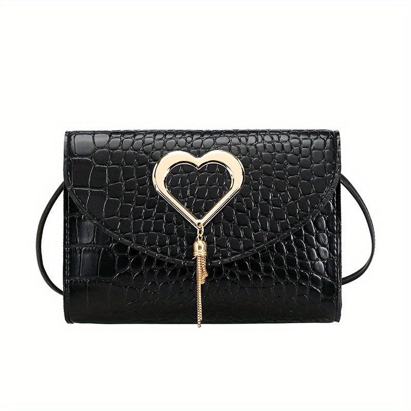 Metal Heart Decor Crossbody Bag PU Leather Textured Flap Bag Purse
