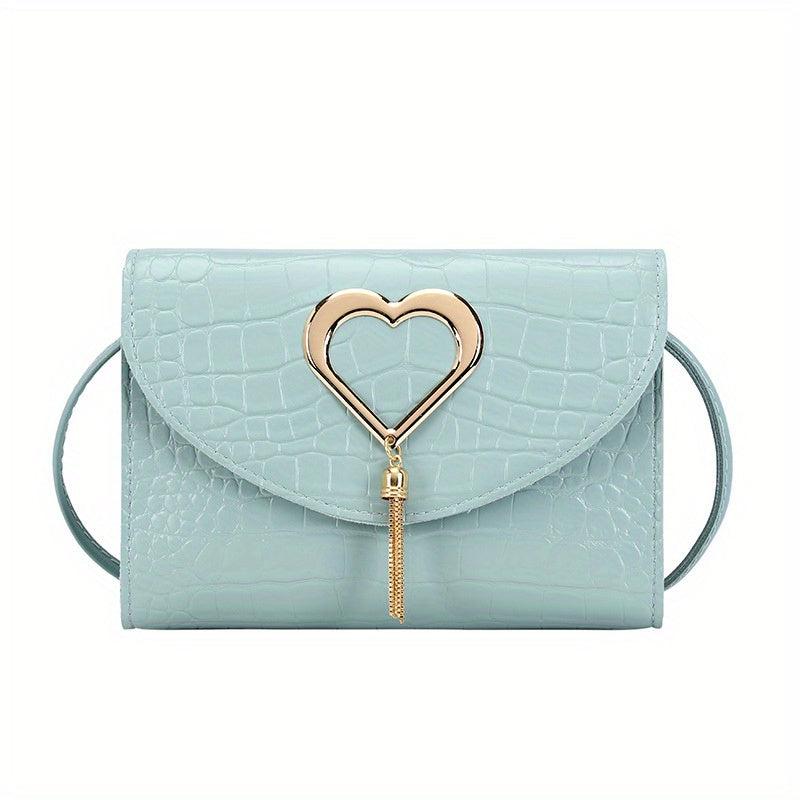 Metal Heart Decor Crossbody Bag PU Leather Textured Flap Bag Purse