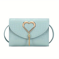 Metal Heart Decor Crossbody Bag PU Leather Textured Flap Bag Purse