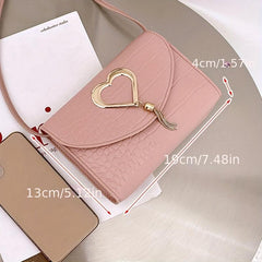 Metal Heart Decor Crossbody Bag PU Leather Textured Flap Bag Purse