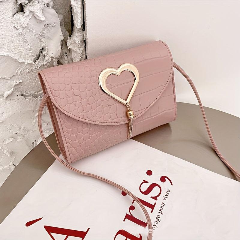 Metal Heart Decor Crossbody Bag PU Leather Textured Flap Bag Purse