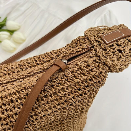 Straw Woven Shoulder Bag Large Capacity Bucket Bag Boho Style Beach Bag