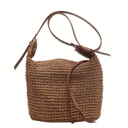 Straw Woven Shoulder Bag Large Capacity Bucket Bag Boho Style Beach Bag