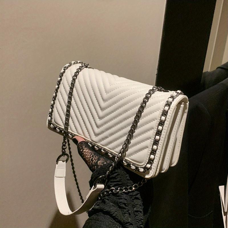 Metal Chain Crossbody Bag PU Leather Textured Underarm Bag Purse Classic