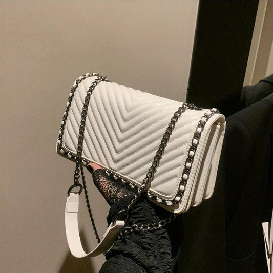 Metal Chain Crossbody Bag PU Leather Textured Underarm Bag Purse Classic