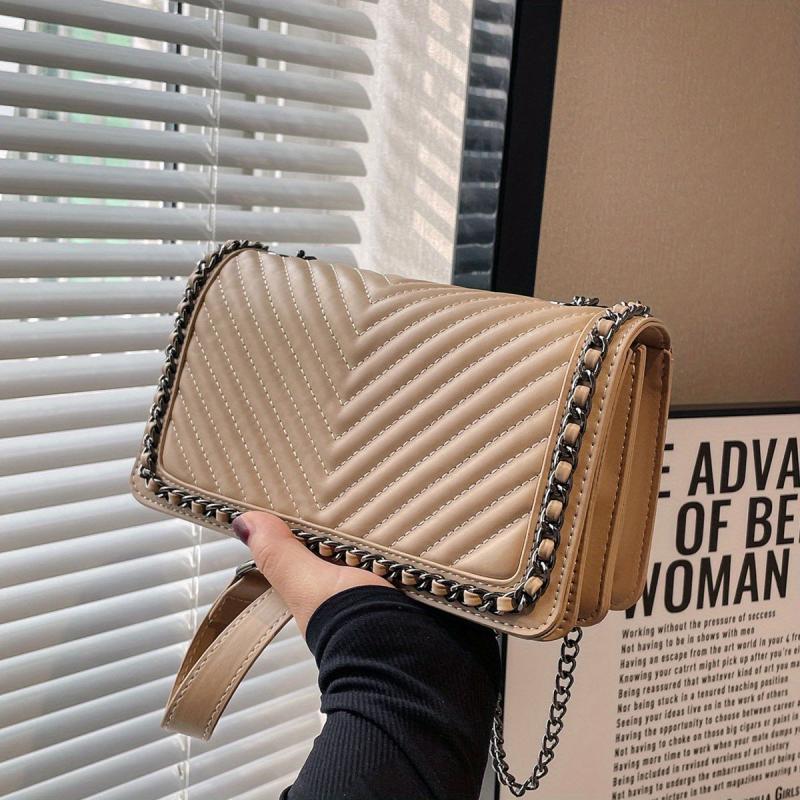 Metal Chain Crossbody Bag PU Leather Textured Underarm Bag Purse Classic