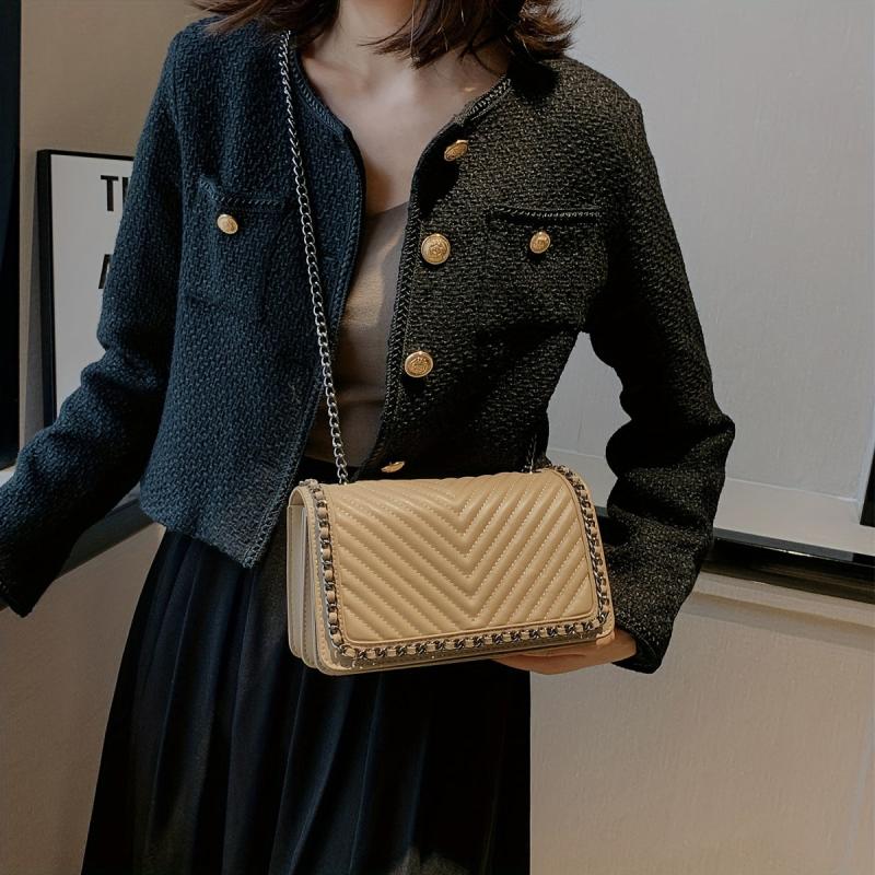Metal Chain Crossbody Bag PU Leather Textured Underarm Bag Purse Classic