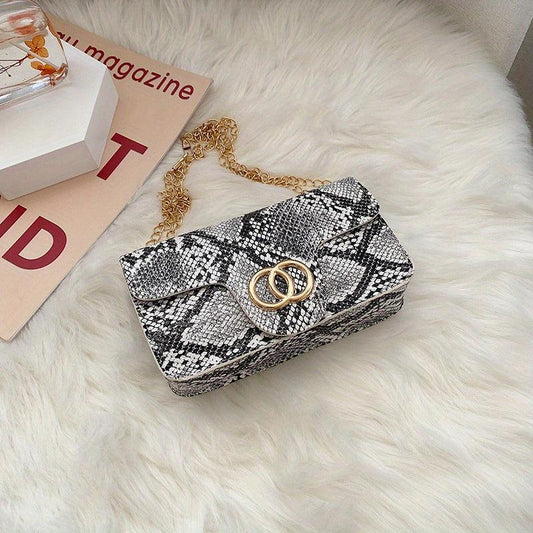 Snake Skin Metal Chain Crossbody Bag PU Leather Cell Phone Bag