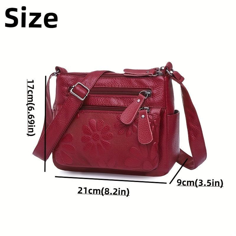 Flower Embossed Crossbody Bag PU Leather Shoulder Bag Women's Pockets