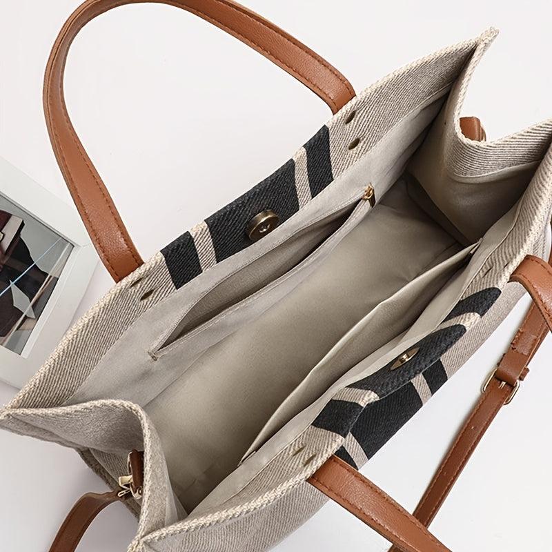 Striped Canvas Tote Bag Large Capacity Briefcase Women's Work Shoulder Bag