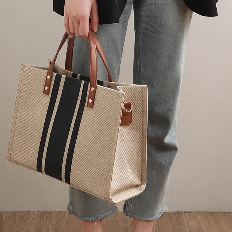 Striped Canvas Tote Bag Large Capacity Briefcase Women's Work Shoulder Bag