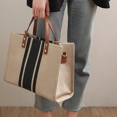 Striped Canvas Tote Bag Large Capacity Briefcase Women's Work Shoulder Bag
