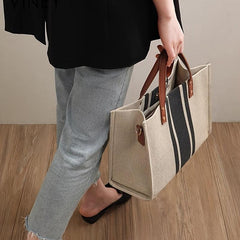 Striped Canvas Tote Bag Large Capacity Briefcase Women's Work Shoulder Bag