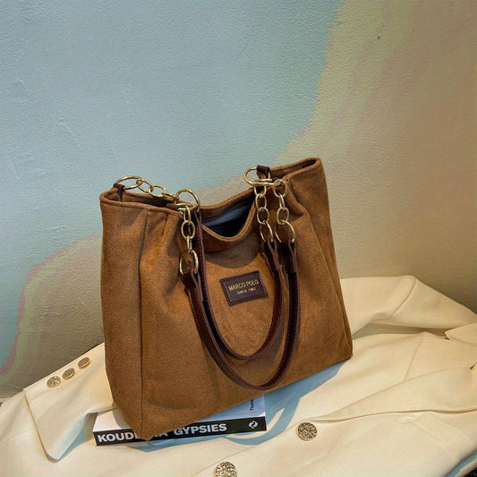 Suede Tote Bag with Letter Patch Decor Vintage Chain Shoulder Bag