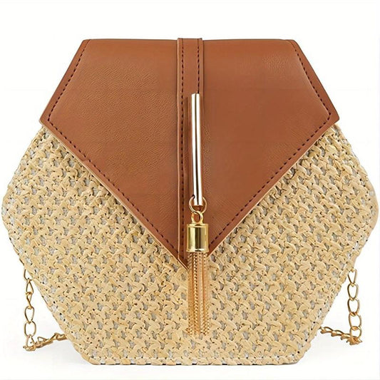 Straw Beach Bag Metal Chain Tassel Crossbody Bag
